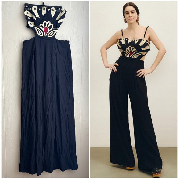 FARM Rio NEW Leque De Flor Boho Embroidered Bib Strappy Back Jumpsuit RARE - Picture 2 of 16